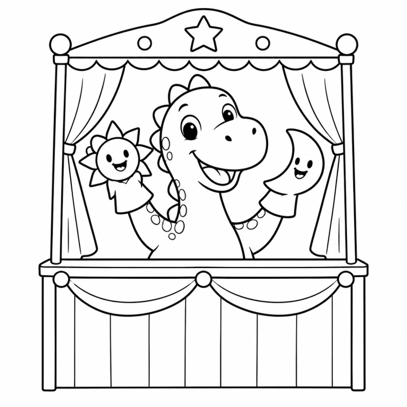 Desenho para colorir de dinossauro atrás de um teatro de fantoches com bonecos de sol e lua