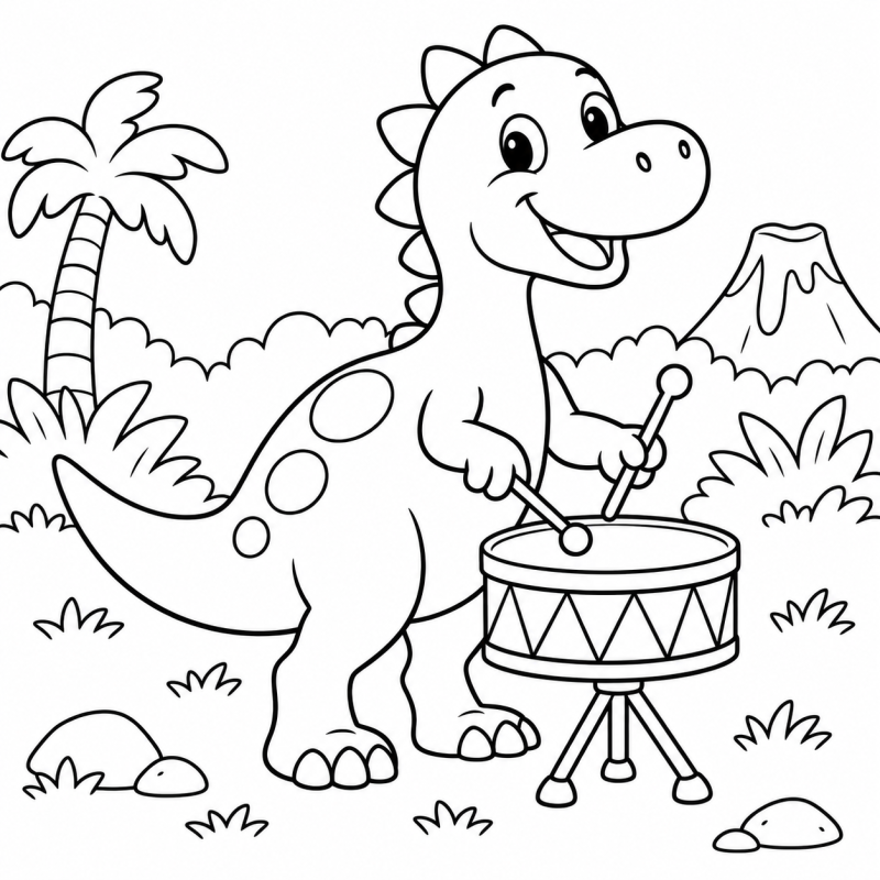 Desenho para colorir de dinossauro tocando um tambor com duas baquetas