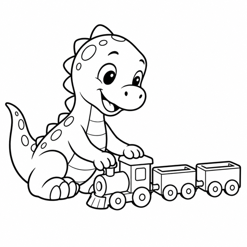 Desenho para colorir de dinossauro sentado brincando com locomotiva e dois vagões de madeira
