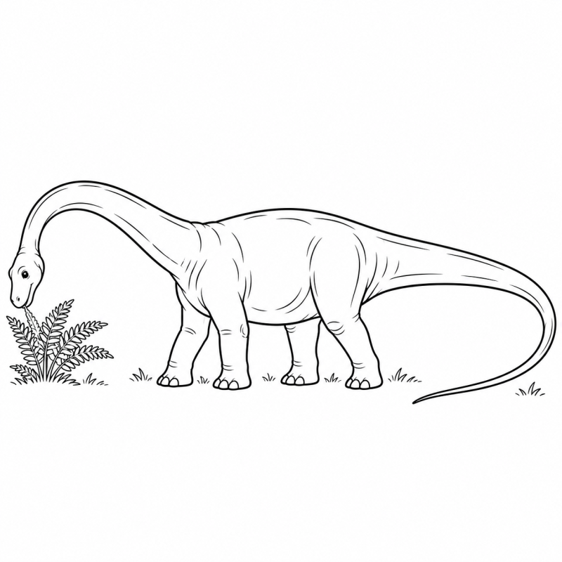 Desenho para colorir de um diplodoco com pescoço e cauda longos perto de uma folhagem baixa