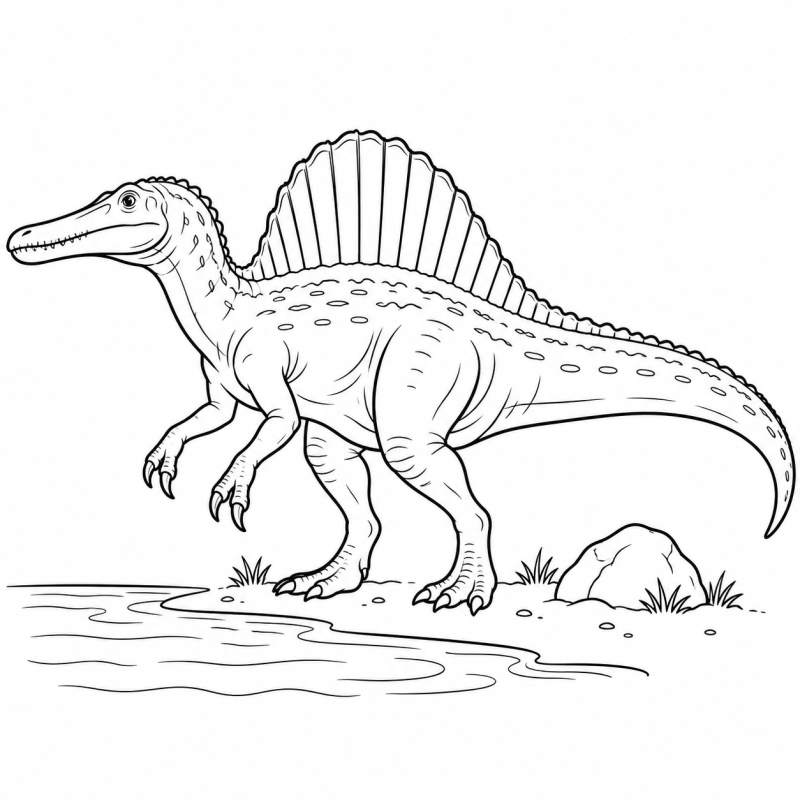Desenho para colorir de um espinossauro com focinho comprido e vela nas costas perto da água