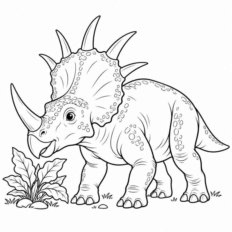 Desenho para colorir de um estiracossauro com chifre no nariz e pontas ao redor do escudo da cabeça