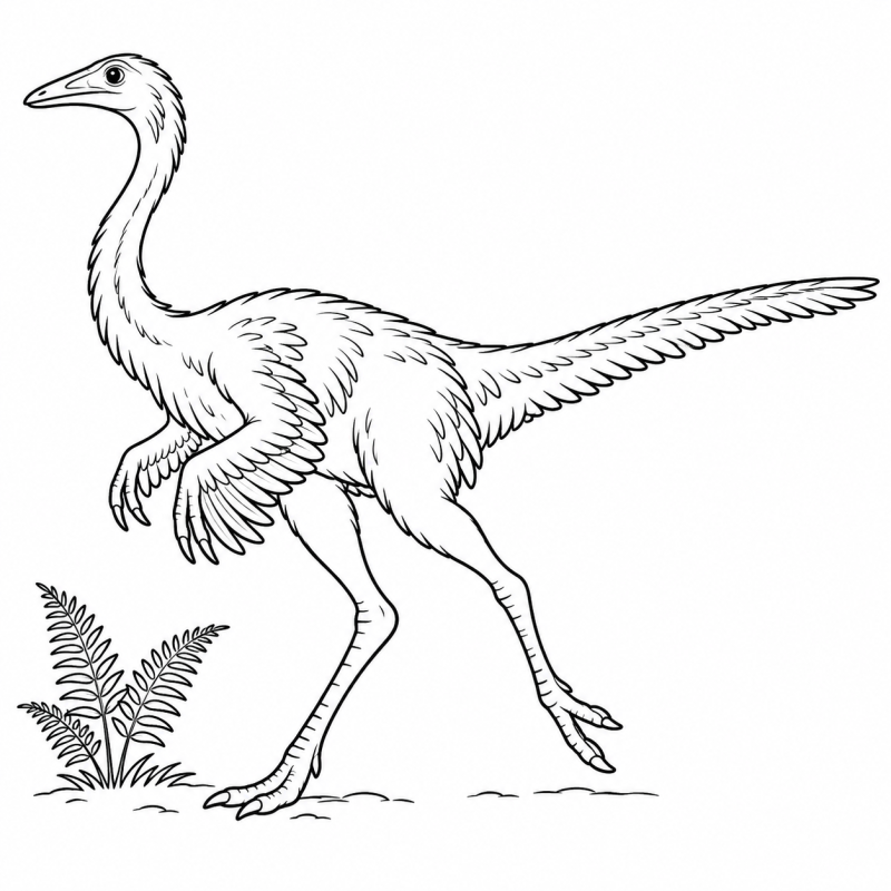 Desenho para colorir de um galimimo com pescoço fino e bico sem dentes em uma passada longa