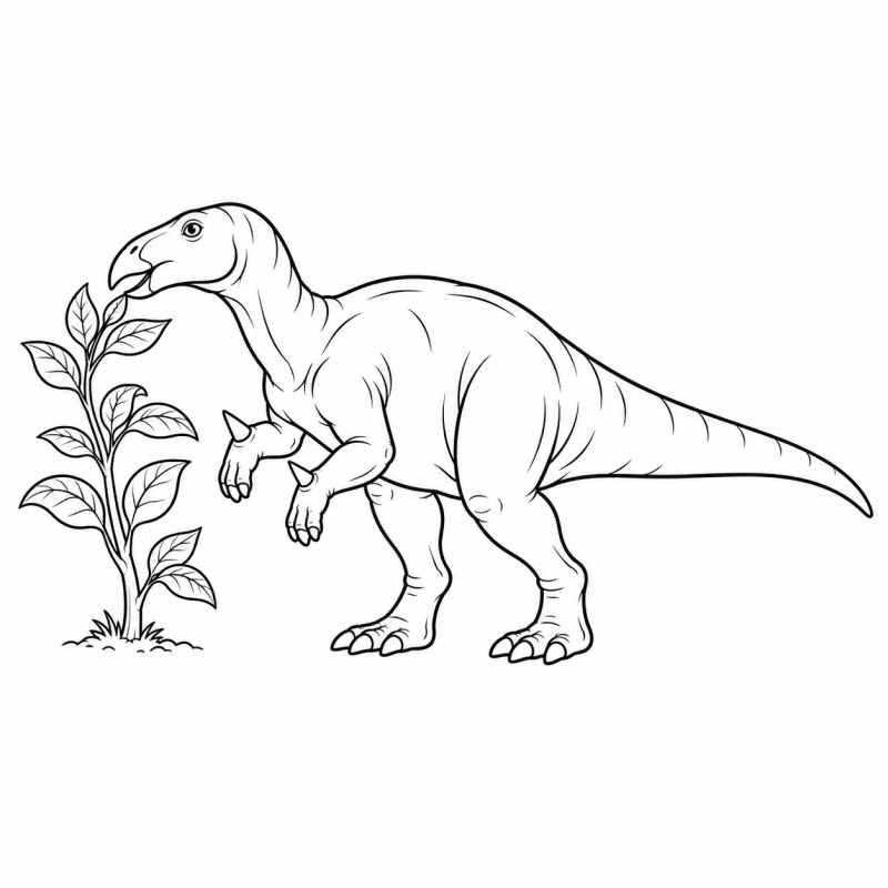 Desenho para colorir de um iguanodonte perto de um galho baixo com folhas largas