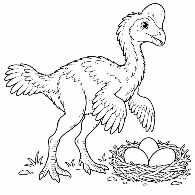 Desenho para colorir de um oviraptor com penas e crista perto de um ninho com ovos