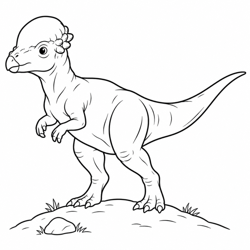 Desenho para colorir de um paquicefalossauro com cabeça arredondada sobre uma colina baixa