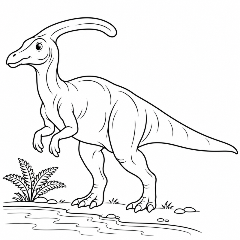 Desenho para colorir de um parassaurolofo com crista comprida na margem de um rio