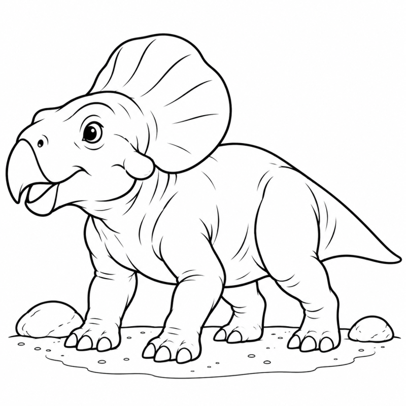 Desenho para colorir de um protocerátopo com bico curvo e escudo arredondado sobre a areia