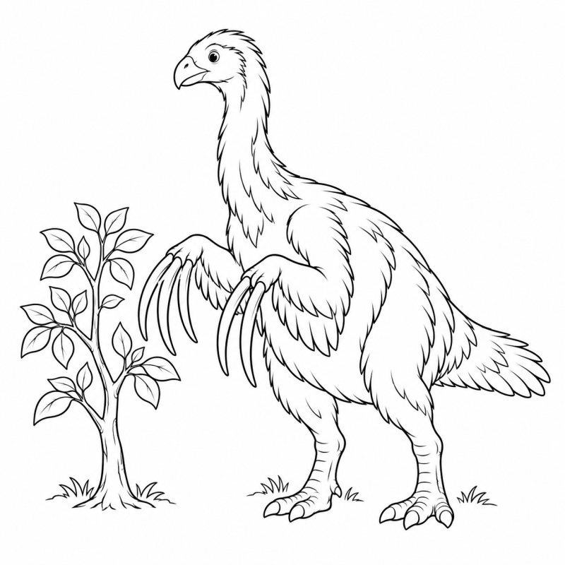 Desenho para colorir de um terizinossauro com garras longas e penas perto de uma pequena árvore