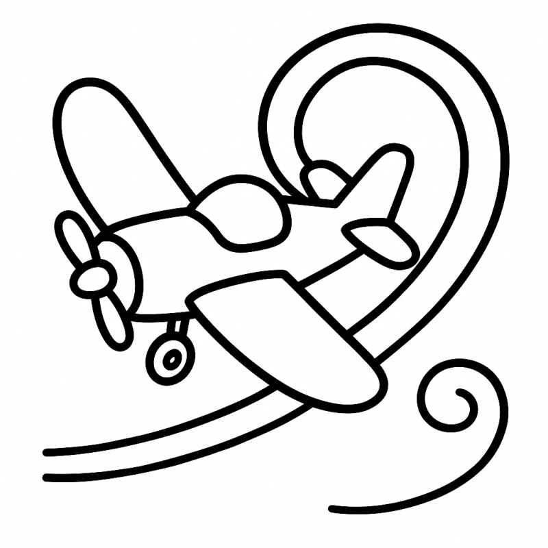 Desenho de um avião cartunesco em voo dinâmico para colorir