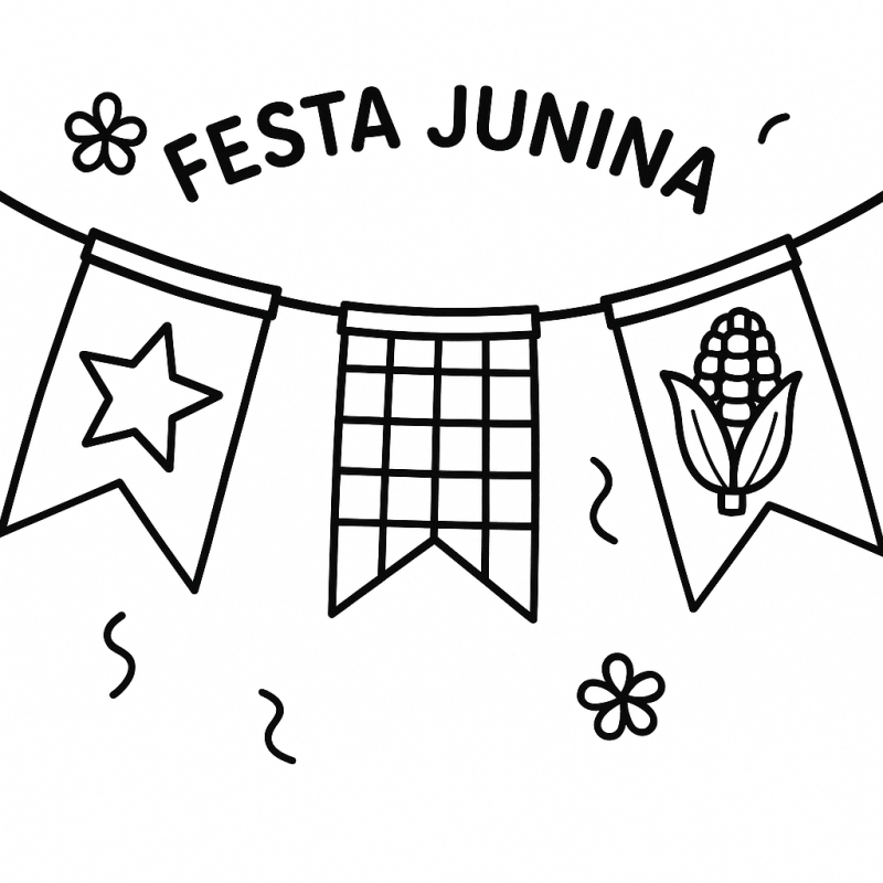 Desenho de uma Festa Junina com bandeirinhas, flores e texto FESTA JUNINA.