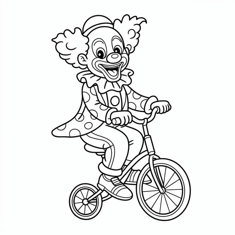 Desenho de um palhaço alegre andando de triciclo para colorir