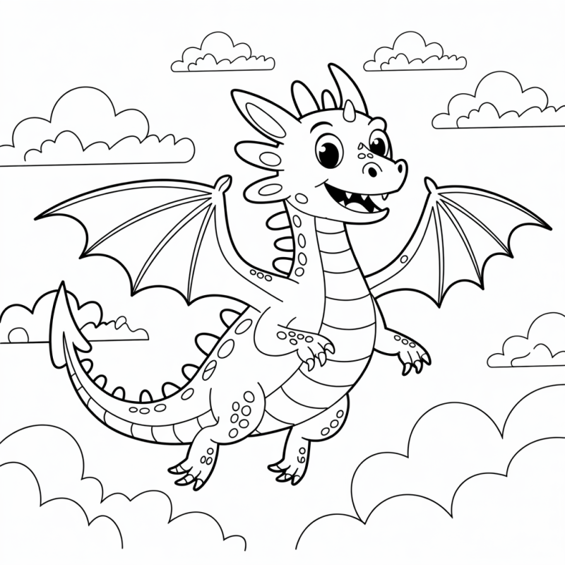 Desenho de um dragão amigável voando entre nuvens fofas para colorir