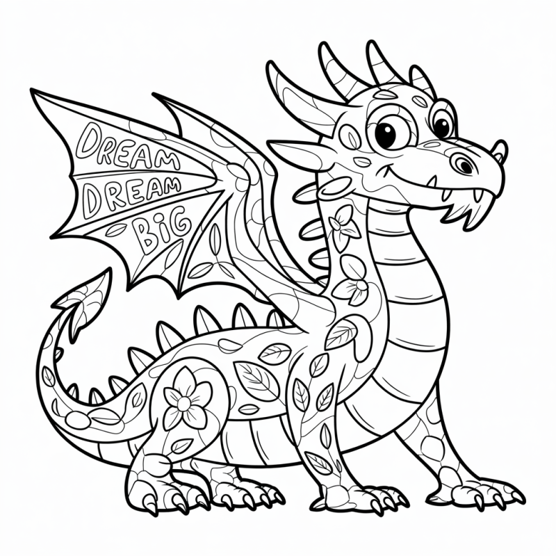 Desenho de dragão caricatural amigável para colorir, com asas abertas e decoração floral.