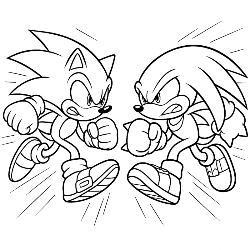 Desenho para colorir do confronto dinâmico entre Sonic e Knuckles