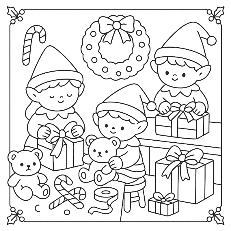 Cena de três duendes natalinos preparando presentes com alegria