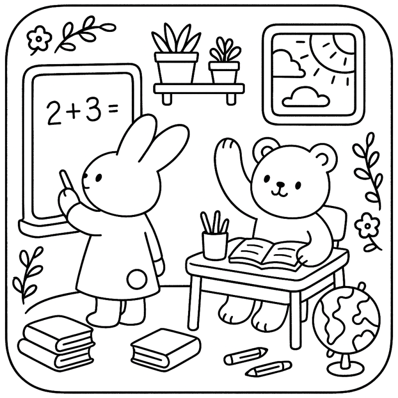 Colore Uma Cena Fofa e Educativa na Sala de Aula com Coelho e Urso Desenho de coelho e urso na sala de aula, estilo boobie goods, com quadro negro e decoração fofa.