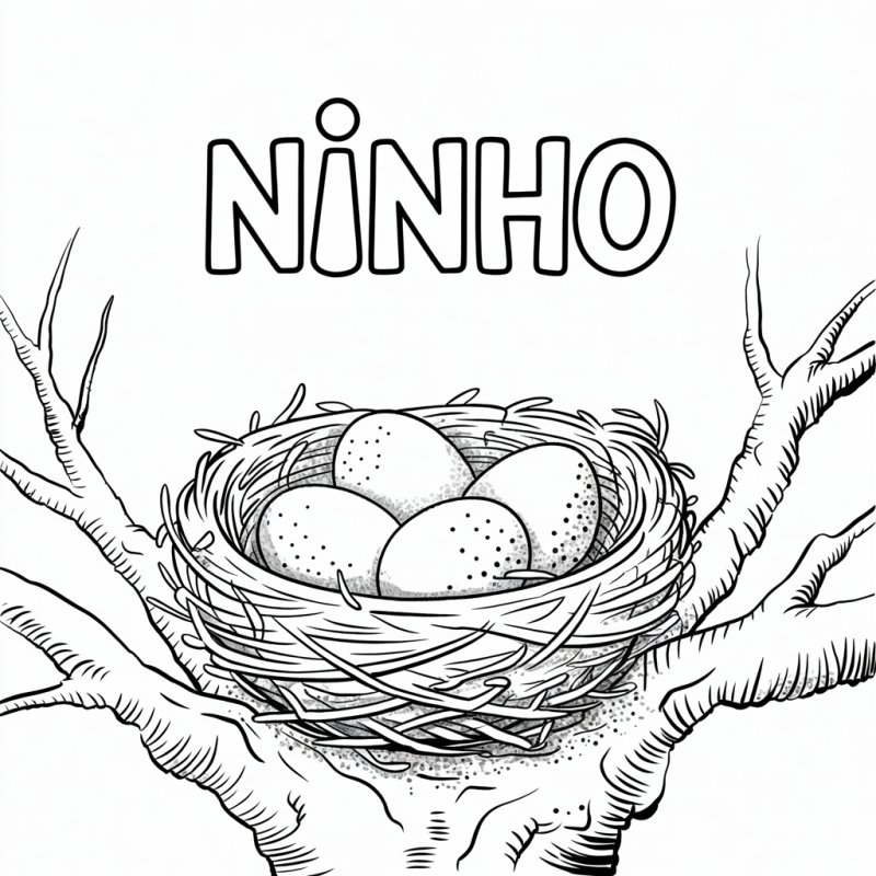Desenho Educativo: Ninho para Colorir com Palavra em Destaque