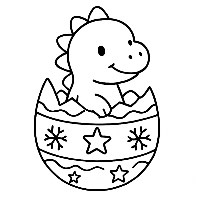 Desenho de dinossauro bebê fofo emergindo de um ovo rachado para colorir
