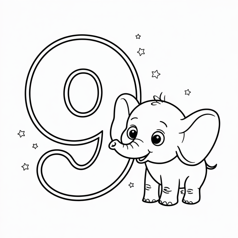 Desenho do número 9 para colorir com um elefante fofo ao lado