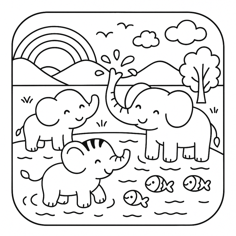 Desenho de elefantes alegres no cenário natural para colorir