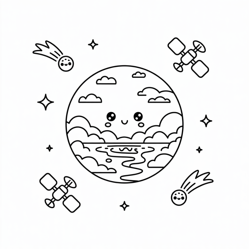 Colorir Planeta com Satélites e Cometas Sorridentes