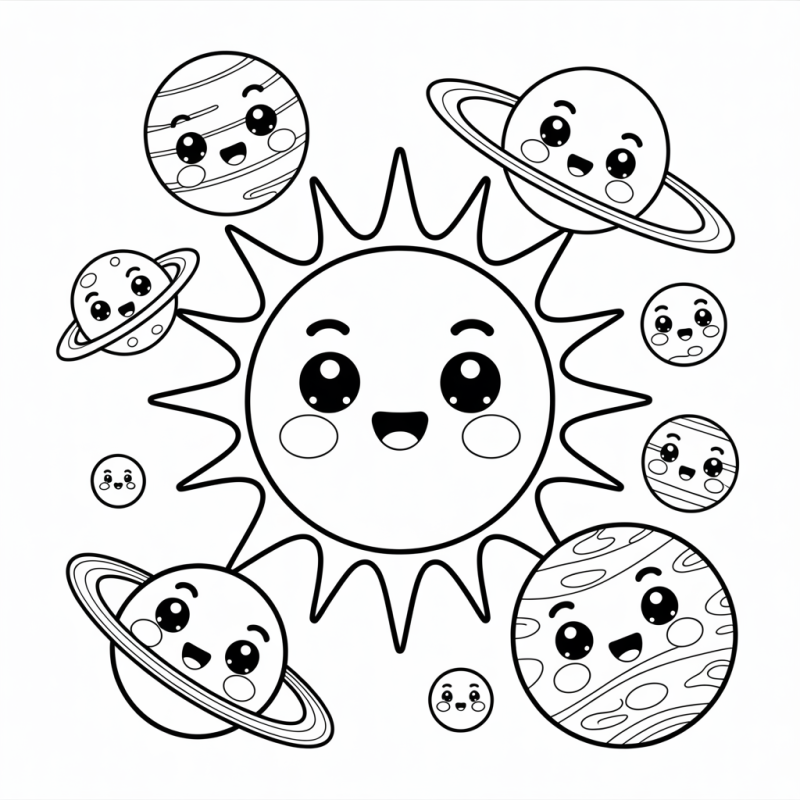 Sol e Planetas Amigáveis: Um Desenho para Colorir