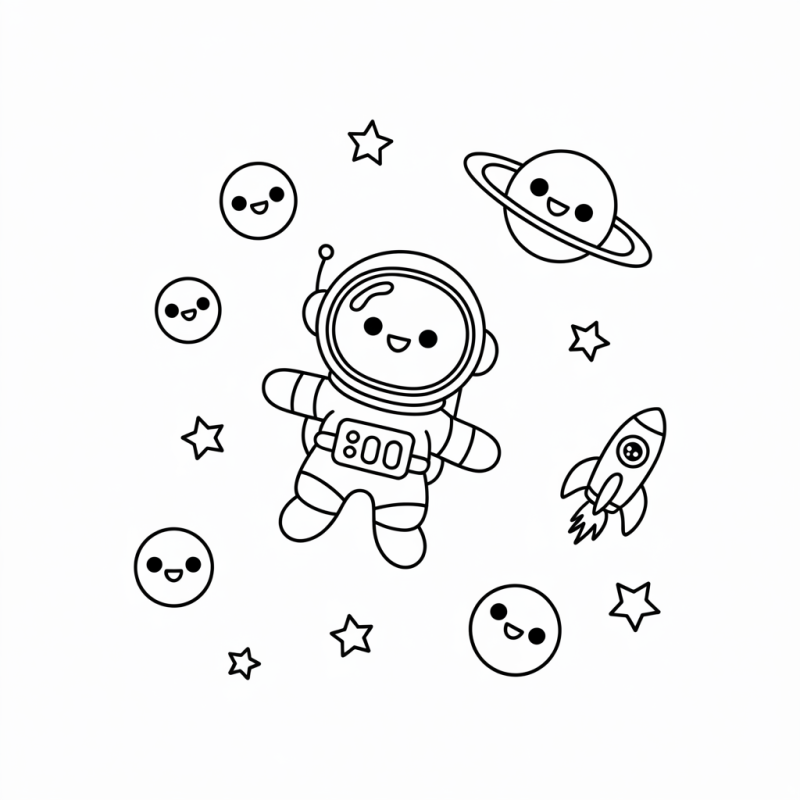 Desenho de Astronauta e Planetas Espaciais para Colorir