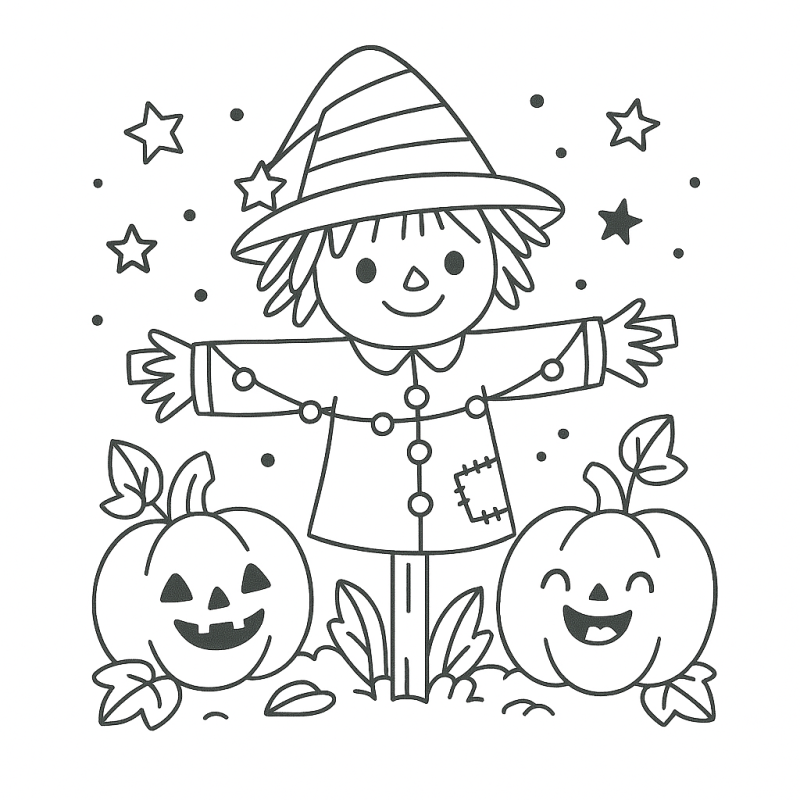 Desenho do Espantalho de Halloween para Colorir Espantalho simpático com chapéu de bruxa e abóboras ao redor para colorir