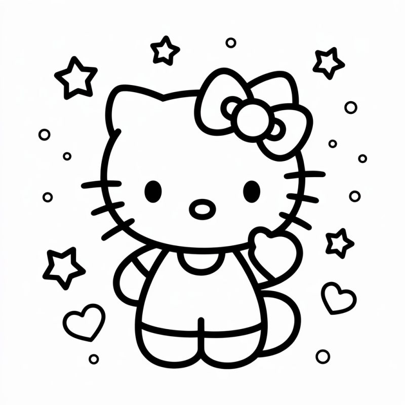 Desenho da Hello Kitty com estrelas e corações para colorir