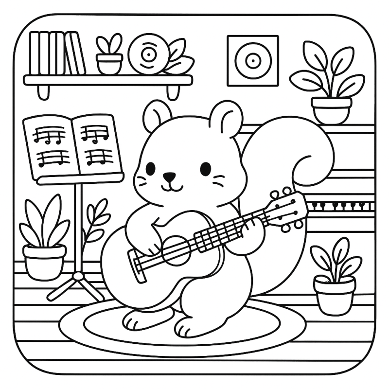 Esquilo tocando violão em ambiente boho para colorir