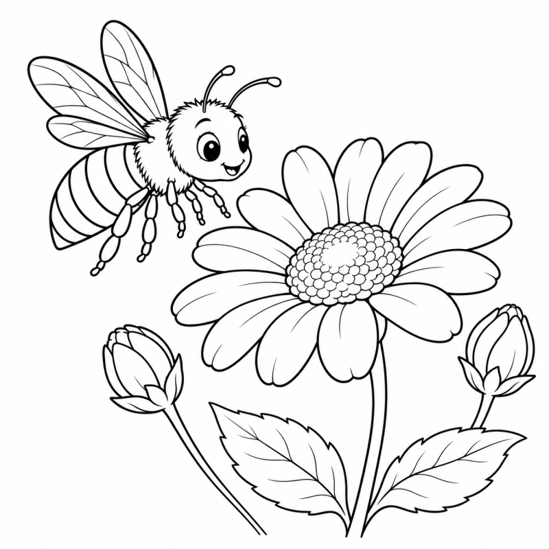 Abelha voando junto a flor aberta com folhas e botões