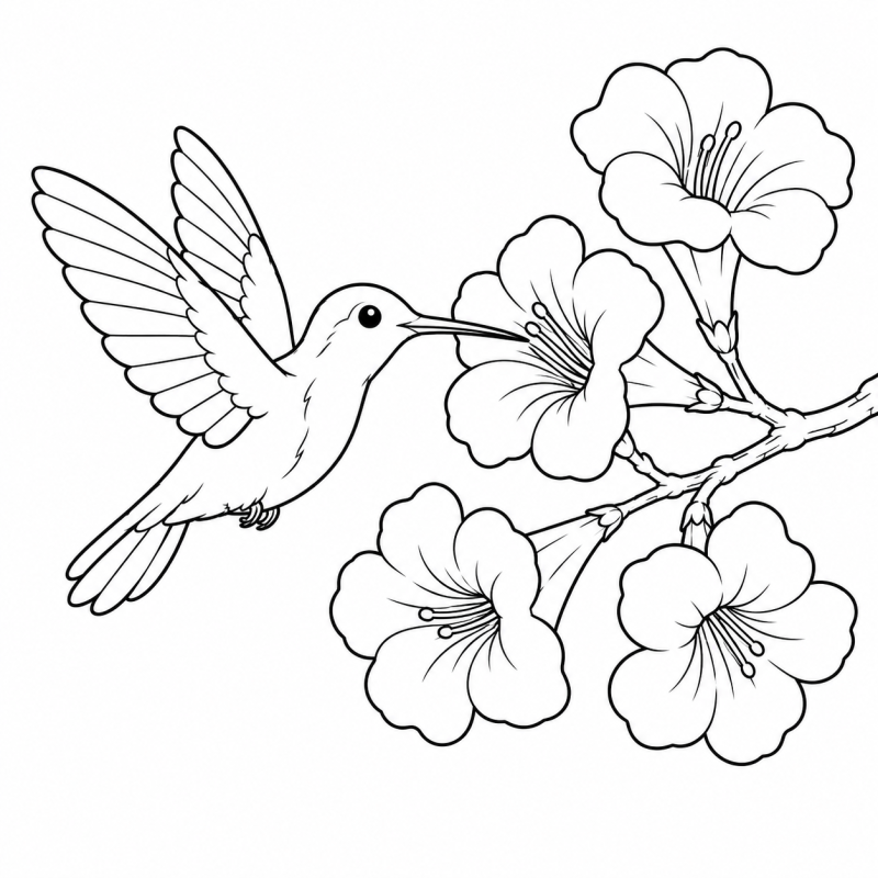 Beija-flor voando junto a ramo de ipê com flores em forma de trombeta