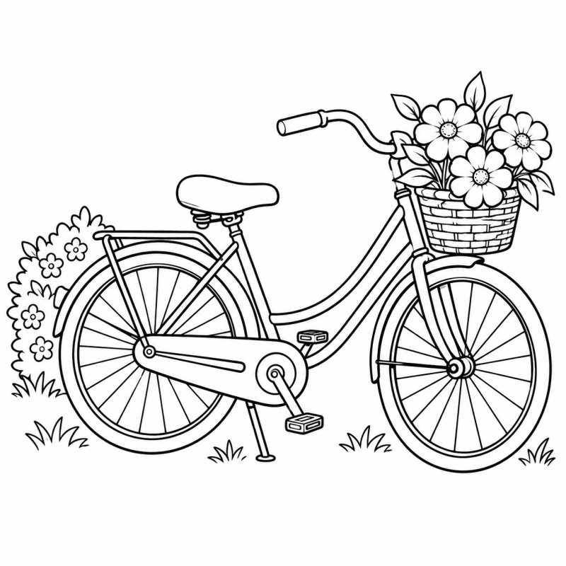 Bicicleta estacionada com cesta de flores e pequeno arbusto florido