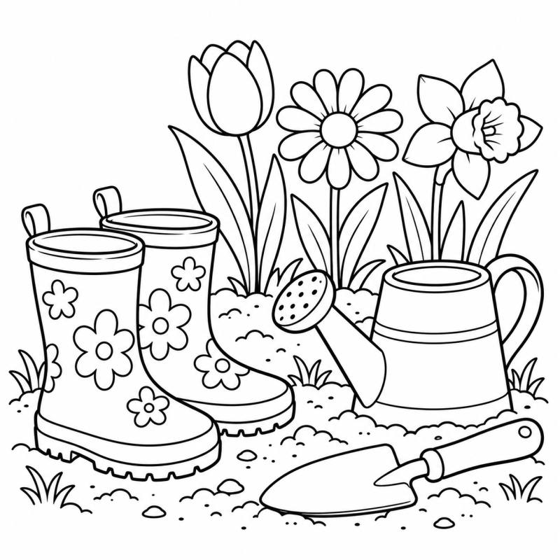 Par de botas e regador ao lado de canteiro de flores e pá
