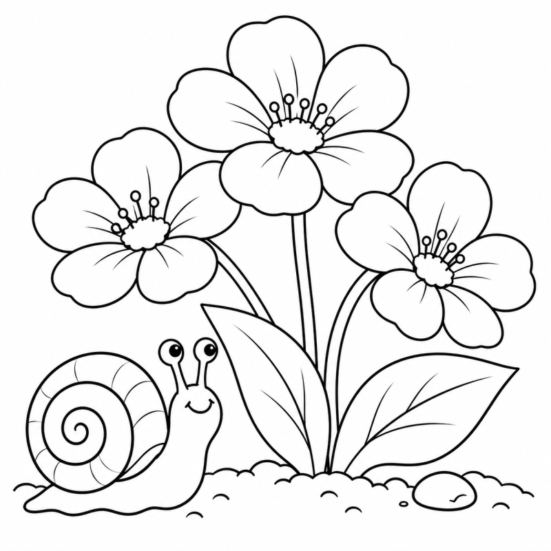 Caracol com concha espiral ao lado de flores no jardim