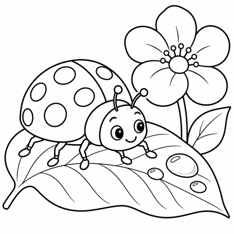 Joaninha de pintas vazadas sobre folha com gotas junto a flor