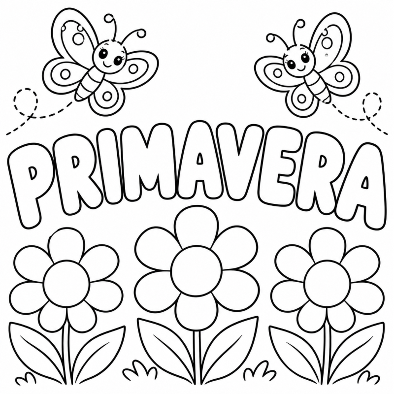 Palavra PRIMAVERA em letras largas vazadas com flores e borboletas