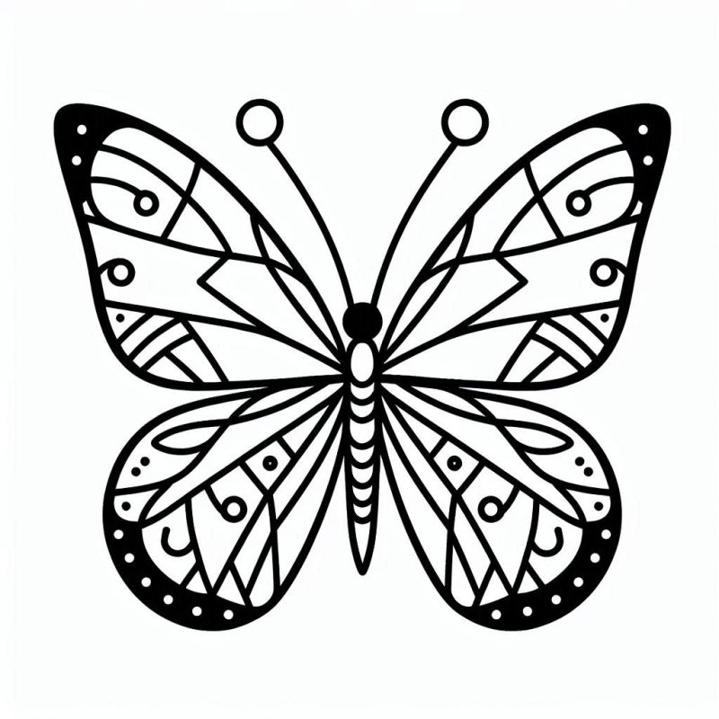 Desenho de uma borboleta estilizada com padrões geométricos para colorir