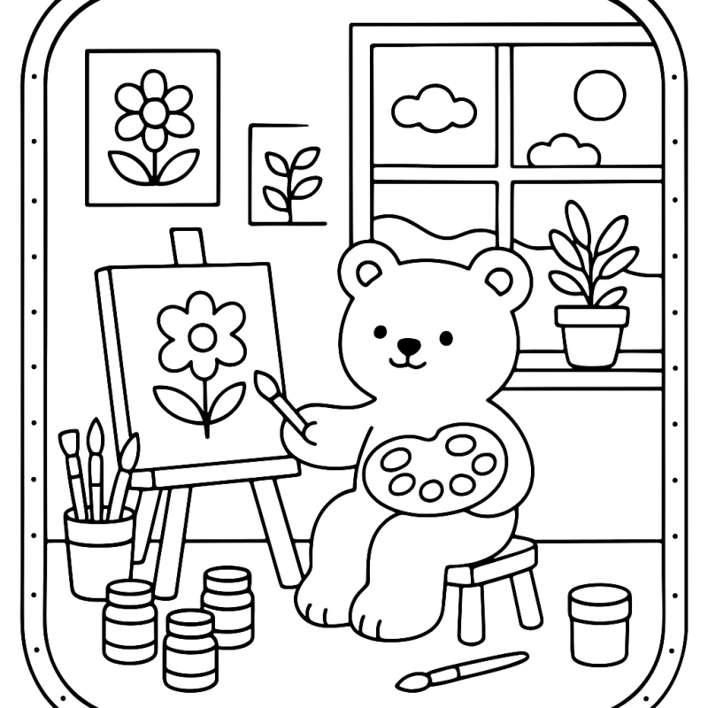 Desenho de um ursinho pintor em um estúdio Boobie Goods com paleta e pincel