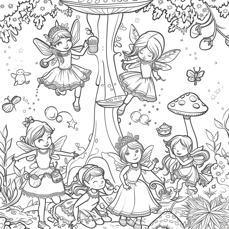 Desenho de fadas e cogumelos num cenário encantado para colorir