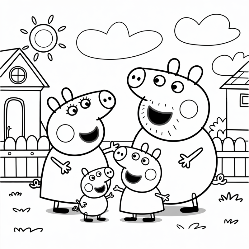 Desenho em preto e branco da família Peppa Pig no jardim para colorir
