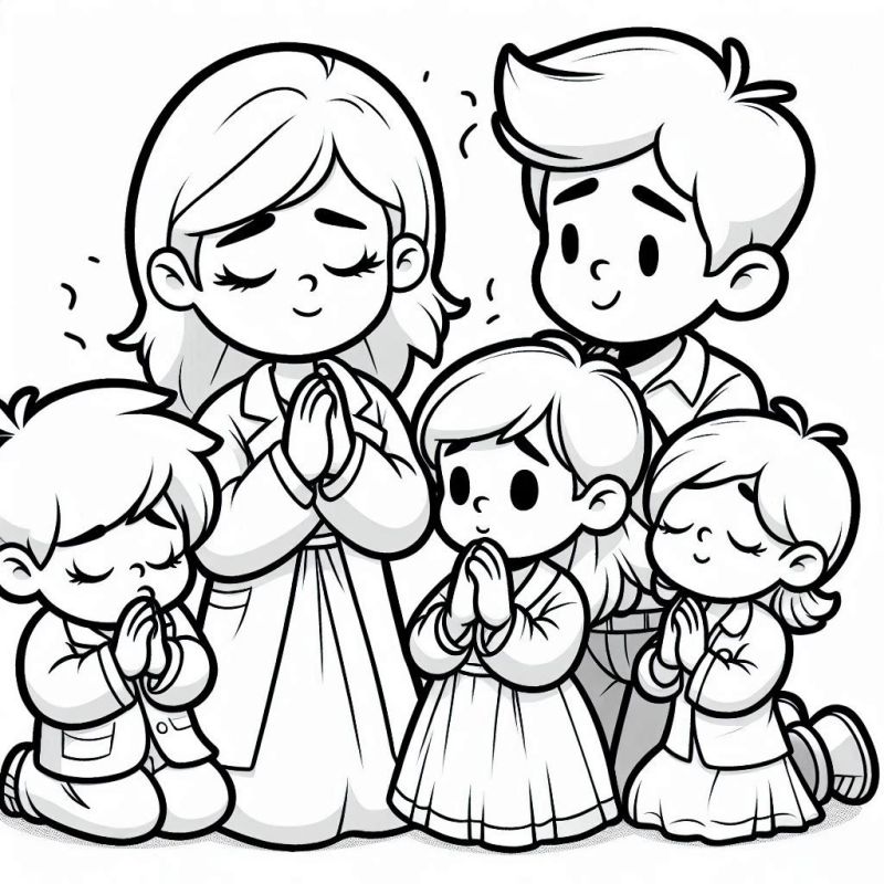 Cena familiar com mãe, pai e três crianças em oração, ideal para colorir.