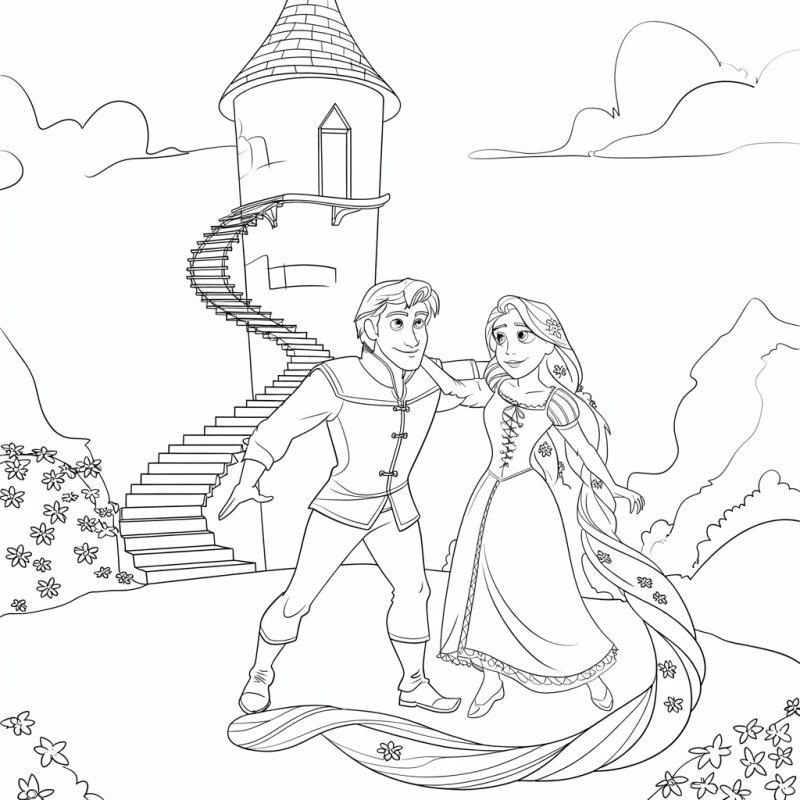 Cena de Rapunzel e Flynn Rider para colorir em um cenário de conto de fadas