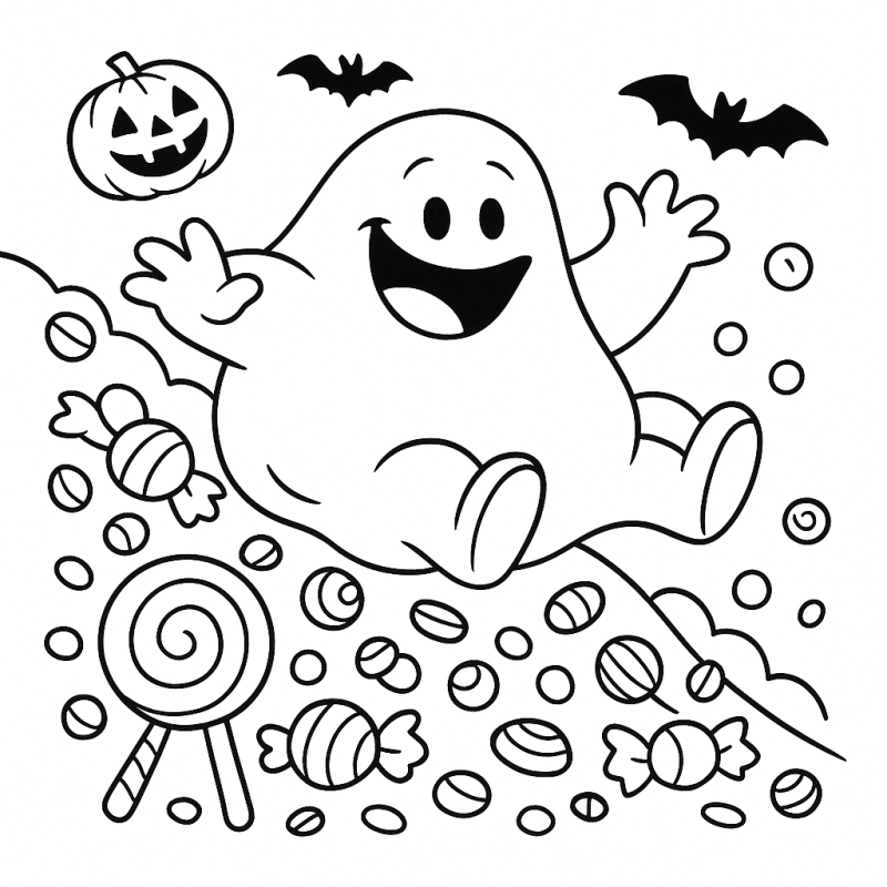 Desenho de Fantasma Alegre no Halloween para Colorir Desenho de um simpático fantasma ao lado de doces e morcegos no Halloween