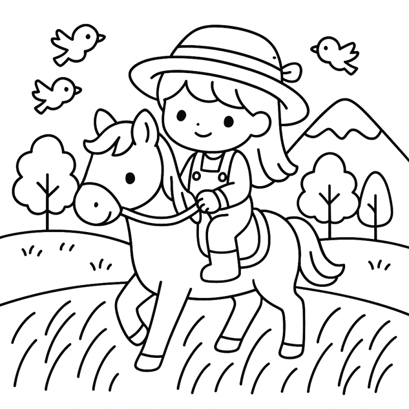 Desenho de Criança na Fazendinha com Cavalo e Passarinhos