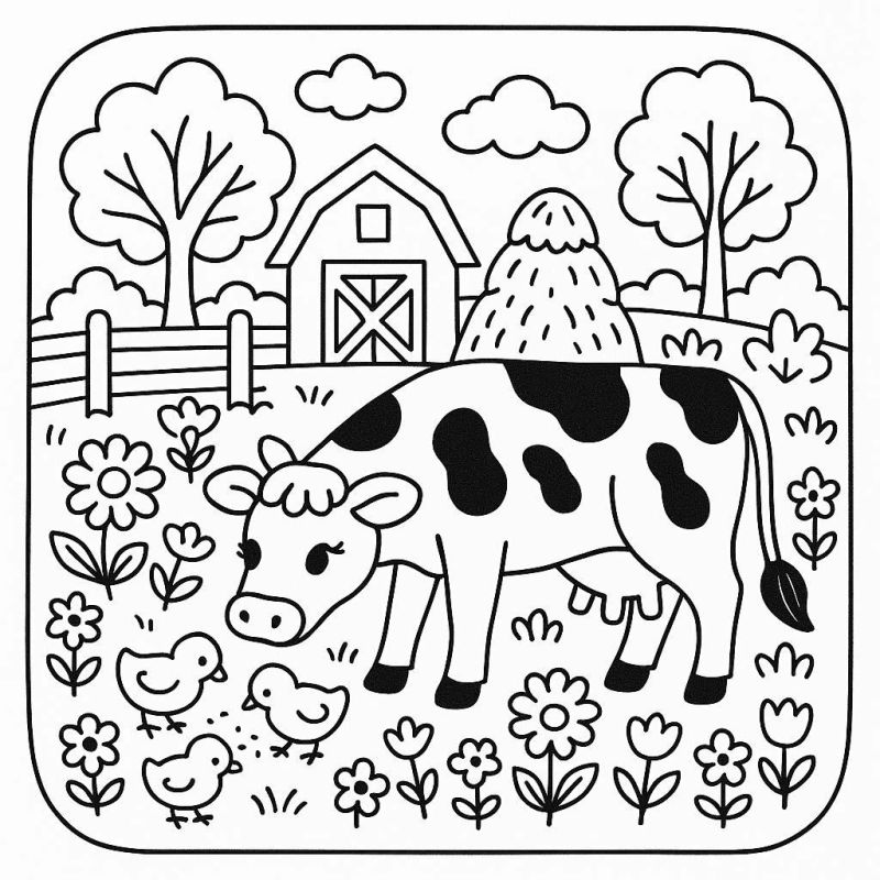 Desenho de fazenda com vaca e pintinhos para colorir