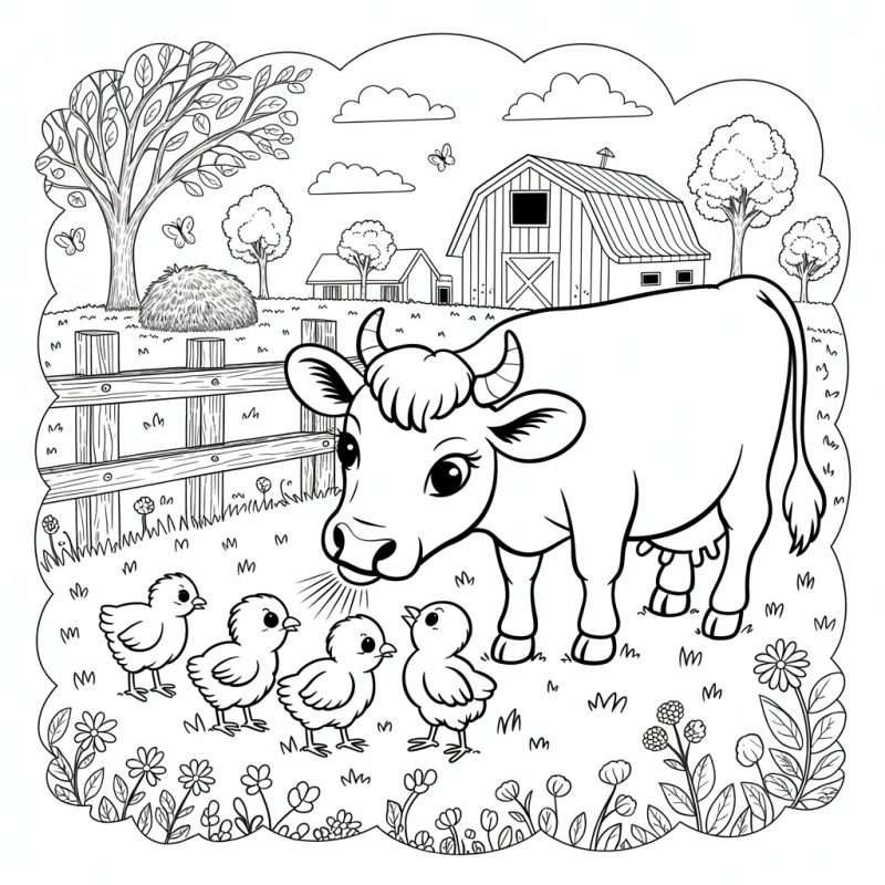 Desenho em preto e branco de uma cena de fazenda com vaca e pintinhos para colorir