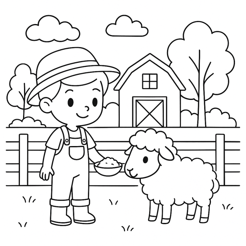 Desenho de Criança e Ovelha na Fazendinha para Colorir