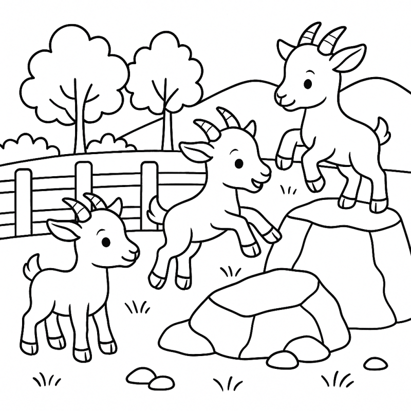 Colorir Cena Alegre dos Cabritinhos na Fazenda